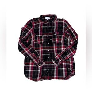 New Directions Plaid Long Sleeve Button Down Shirt Women’s Large Navy Red Gray